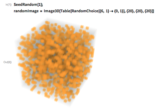 SeedRandom[1]; randomImage =   Image3D[Table[RandomChoice[{6, 1} -> {0, 1}], {20}, {20}, {20}]]
